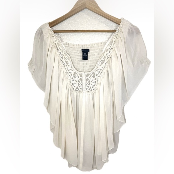 MODA International Creme Crochet Sheer Flowing Blouse-Women's Sz S - Picture 1 of 5